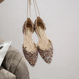 Women Luxury Rhinestone Ballet Flats Cross-Tied Lace Up Flat Shoes Woman Crystal D'orsay Wedding Shoes Glitter Sliver