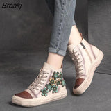 Retro Lady Flat Boots Lace UP Flower Designer Woman Fashion Shoes Genuine Leather Vintage Forest Boots Ankle Shoes