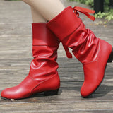 Size 35-43 Women Middle calf Boots Back Lace Up Low Heels Winter Shoes Black Botines White Botas Mujer Female Snow Boot