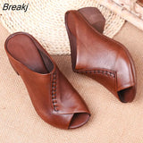 Women's Thick-heeled Soft Leather Outer Slippers Fish Mouth Comfortable Brown Versatile Mid-heeled Sandals Leisure Mother