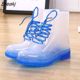 Women Rain Boots Mature Lady Lace Up Waterproof Lady Shoes Rubber Transparent Candy Colors Ankle Outdoor Girl's Fashion