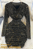 Sequins Glitter Bodycon Mini Dress Women Fashion Ruched Party Dress V-neck Long Sleeve High Waist Autumn Club Dress