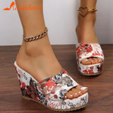 Dropship Platform Wedges Mules Sandals 2023 Summer New Floral Pattern Slide Sandals Comfy Beach Shoes Outside Slider