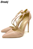 Women Patent PU Cross Strap Stiletto Pumps Pointed Toe 10cm High Heels for Elegant Ladies Chic Dress Shoes QP101