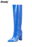Women's Knee High Boots Tall Canister Sexy Women Boots Pointed Toe Chunky Heel Crocodile Print Women Boots High-heeled