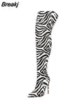 2023 New Women Over The Knee High Heels Boots Sexy Ladies Zebra Style Pointed Toe Stiletto Heels Long Botas