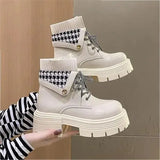 Boots Rock Shoes Woman Round Toe Lace Up Plush Winter Footwear Boots-Women Med Lolita Fur 2023 Autumn Ankle Solid Rome