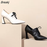 Heels Hoof Pumps Women Lace Up Pumps Cow Leather Shoes Female Fashion Pointed Toe OL Shoes Women Autumn 2023