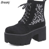 Flower Platform Boots Chunky Punk Suede Leather Womens Gothic Shoes Lace Up Back Zipper High Quality Black Boots
