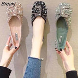 New Women Ballet Flats Comfortable Crystal Diamond Dress Bow Sequins Single Shoes Rhinestone Glitter Square Toe