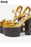 Women's Sandals Fashion 2023 Metal Luxury Elegant Platform Sandals Ankle Buckle Super Chunky High Heels Rivet Party