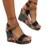Breakj New Leisure Slope And Embroidery High Heel Sandals Women Buckle With Toe Thick-Soled Women's