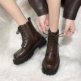 Autumn Winter Platform Ankle Boots Women Thick Sole Pu Leather Biker Boots Woman 2023 Short Plush Lace-Up Shoes