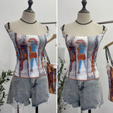 Sexy Hottie Shoulder Strap Small Print Slimming Sling Vest Short Sleeveless Top