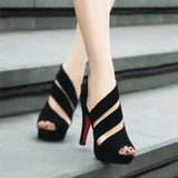 New Women's Sandals, Hollow Lace Breathable Casual High Heels 9cm Women's Shoes, Fashion Black High Heels Sexy