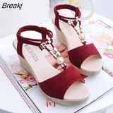 Summer Ladies Platform Wedge Sandals with Rhinestone Red Beige Casual Comfortable Slope Heel Open Toe Shoes Women's