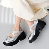 High Heels Platform Pumps Women 2023 Autumn Bowtie Crossed Straps Mary Jane Shoes Woman Pu Leather Thick Heeled Jk