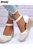 Wedge Sandals Woman Summer 2023 Rome Plus Size Round Head Belt Buckle Leisure Beach Vacation