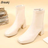 Brand Women Beige 7cm Block High Heels Ankle Boots 2023 Winter Female Square Toe Chelsea Boots High Quality Short