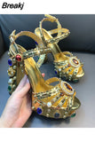 Women Chunky High Heels Shoes Platform Sandals For Women Rhinestone Metallic Gold Leather Shoes Woman Peep Toe Wedding