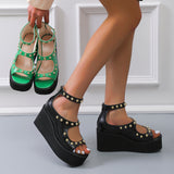 Summer Women Sandals Zipper Wedges with Metal Beads on The Top Plus Size Women Shoes 43 Sandals for