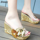 Summer New Wedges Sandals Women Sexy Crystal Transparent High Heels PVC Slippers String Bead Slippers Fashion