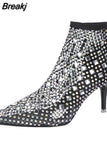 Crystal Transparent PVC Mesh Upper Ankle Boots for Women Pointed Toe High Heels Shoes Woman Zapatos De