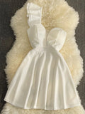Women Black White Ruffled One Shoulder Sleeveless Mini Dress Strapless Mesh Patchwork High Waist A-line Party Dress