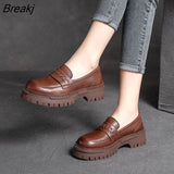 2023 Women Flats Shoes Real Leather Loafers Fashion Platform Casual Shoes Woman Office Lady Footwear Handmade Women