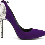 Women Sexy High Heels Shoes Velvet Snake Pattern Pointed Toe Zipper Female Pumps Woman Wedding Big Size