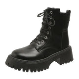 Women's Autumn Black PU Leather Ankle Boots Chunky Platform Combat Boots for Women 2023 Fashion Non Slip Motorcycle Shoes