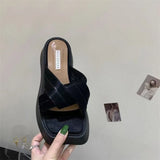Soled Slippers for Women Summer Chain Denim Chunky Heel Fashion Cross Slides Open Toe Outdoor Beach Woman Walking