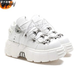 Women's Punk Style Leather Shoes Lace-up Heel Height 6CM Platform Female Gothic Ankle Boots PU Metal Decor Thick Bottom