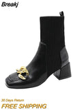 Square Toe Women's Boots Chain High Heels Solid Color Ankle Boots Women's Boots Knitted Fashion Thick Heel Women's