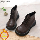 Girl Retro British Small Leather Boots Wide-Head Womens Ankle Boots Handmade Warm Big-Head Short Boots Student Women