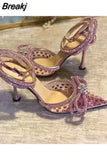 Rhinestones Women Pumps Crystal Bowknot Satin Sandals 2023 Summer Transparent Shoes High Heels Party Prom Designer
