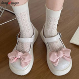 Cute Bowknot Platform Mary Janes Women Round Toe Pearl Ankle Strap Lolita Shoes Woman 2023 New Patent Leather Lovely