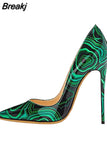 green printed party wedding shoes ladies pumps womens heels shoes fashion 12 cm stilleto pointed toe heels QP015