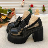 High Heels Loafers Women 2023 Autumn Patent Leather Chunky Platform Pumps Woman Slip On Black Jk Uniform Shoes Mary