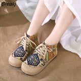 Women Shoes Boho Cotton Linen Canvas Single National Woven Round Toe Lace Up Cloth Shoes Woman Flats Size