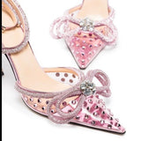 Breakj New Bow Rhinestone High Heels Sequined Pointed Hollow Strap Sandal Women's Crystal