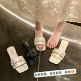 Breakj Slippers Female Metal Chain One Word Drag Flat Home Slippers Female Womens Flats