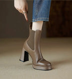 Women Ankle Boots Thick High Heels Round Toe Shoes Woman Zipper Elegant Genuine Leather Autumn