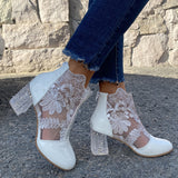 Breakj Spring And Summer New Lace Flower Mesh Women Cool Boots Crystal High Heel Head Hollow Roman