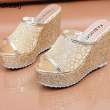 Golden Women House Slippers Summer Shoes Platform 4cm Outside Fitting-room 11cm High Heels Wedges Solid Mesh Female