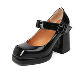 Size 34~48 Men Platform Shoes Spring 2023 Glossy Patent Leather Square Toe Sweet Buckle Chunky Heels Women Mary Janes