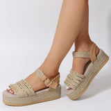 Rivet Straw Sandals Women Summer Casual Non-slip Peep Toe Platform Shoes Ladies Casual Buckle High Shoes for Women