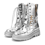 Women Silver Short Boots Belt Buckle Rhinestone Cross Strap Women's Mid Calf Boots Platform Motorcycle Martin Boots Trend