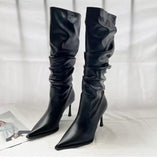 Women's Shoes 2023 High Quality Slip-on Women's Boots Fashion Pleated Office and Career Sexy Pointed Toe Knee-High Boots