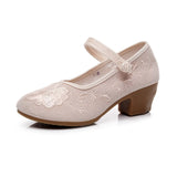 Breakj Heel High Heels Single Shoes Ethnic Style Embroidered Cloth Shoes Retro One Word With Thick Heel Solid Color Women's